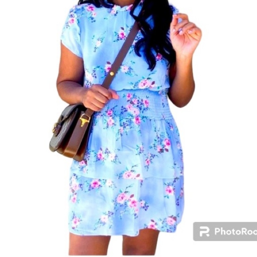Gibson floral print dress, size S, smocked waist, layered bottom, blue/pink